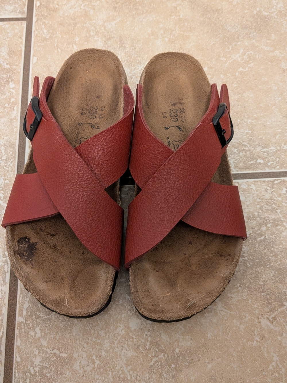 Birks Red Crisscross Leather Slide Sandals